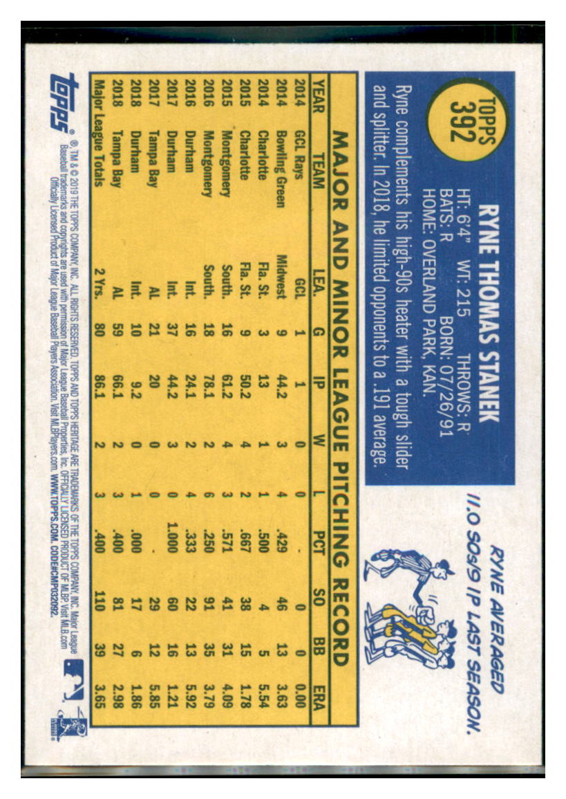 2019 Topps Heritage Ryne Stanek Tampa Bay Rays #392 Baseball card TMH1C_1a simple Xclusive Collectibles
