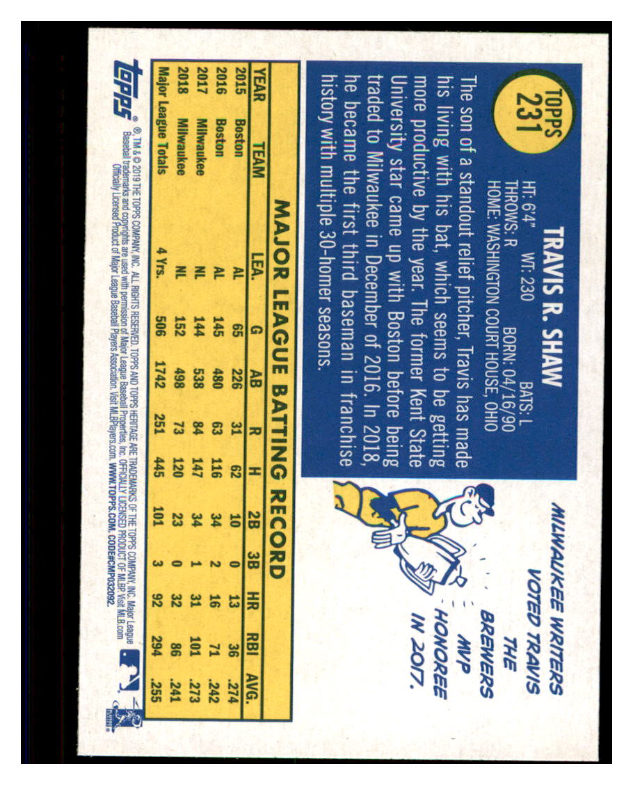 2019 Topps Heritage Travis Shaw    Milwaukee Brewers #231 Baseball card   TMH1C_1a simple Xclusive Collectibles