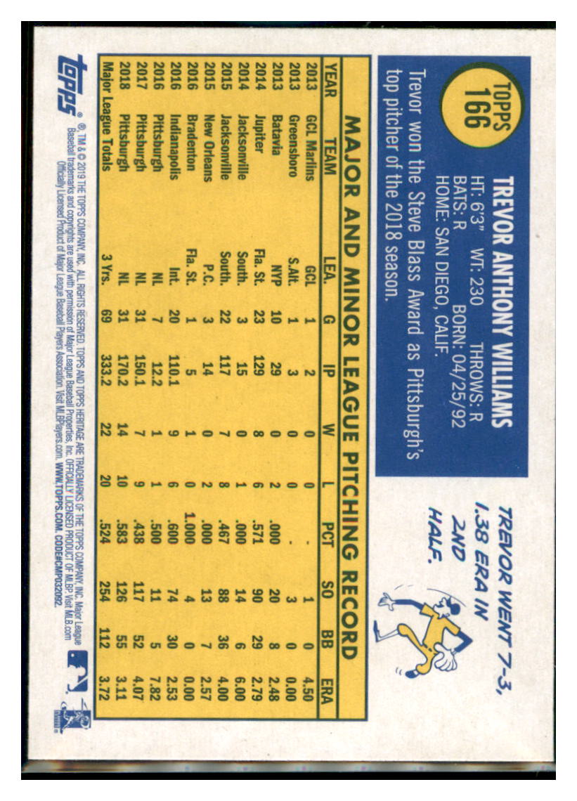 2019 Topps Heritage Trevor Williams    Pittsburgh Pirates #166 Baseball
  card   TMH1C simple Xclusive Collectibles   