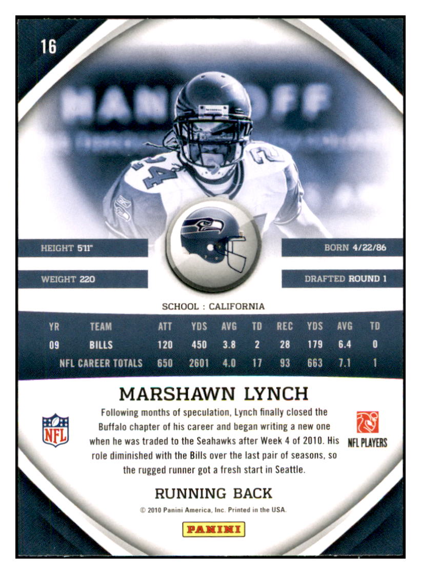 2010 Panini Gridiron Gear Marshawn
Lynch Seattle Seahawks #16 Football
card TMH1C simple Xclusive Collectibles