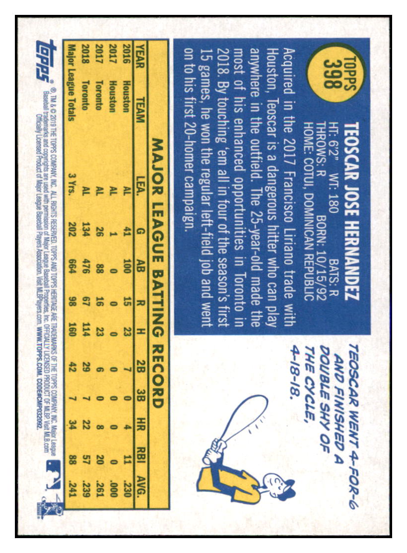 2019 Topps Heritage Teoscar
Hernandez Toronto Blue Jays #398
Baseball card TMH1C simple Xclusive Collectibles