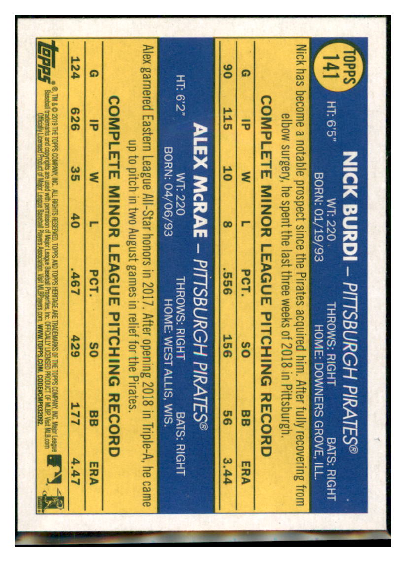 2019 Topps Heritage Nick Burdi / Alex
  McRae CPC, RC, RS    Pittsburgh Pirates
  #141 Baseball card   TMH1C simple Xclusive Collectibles