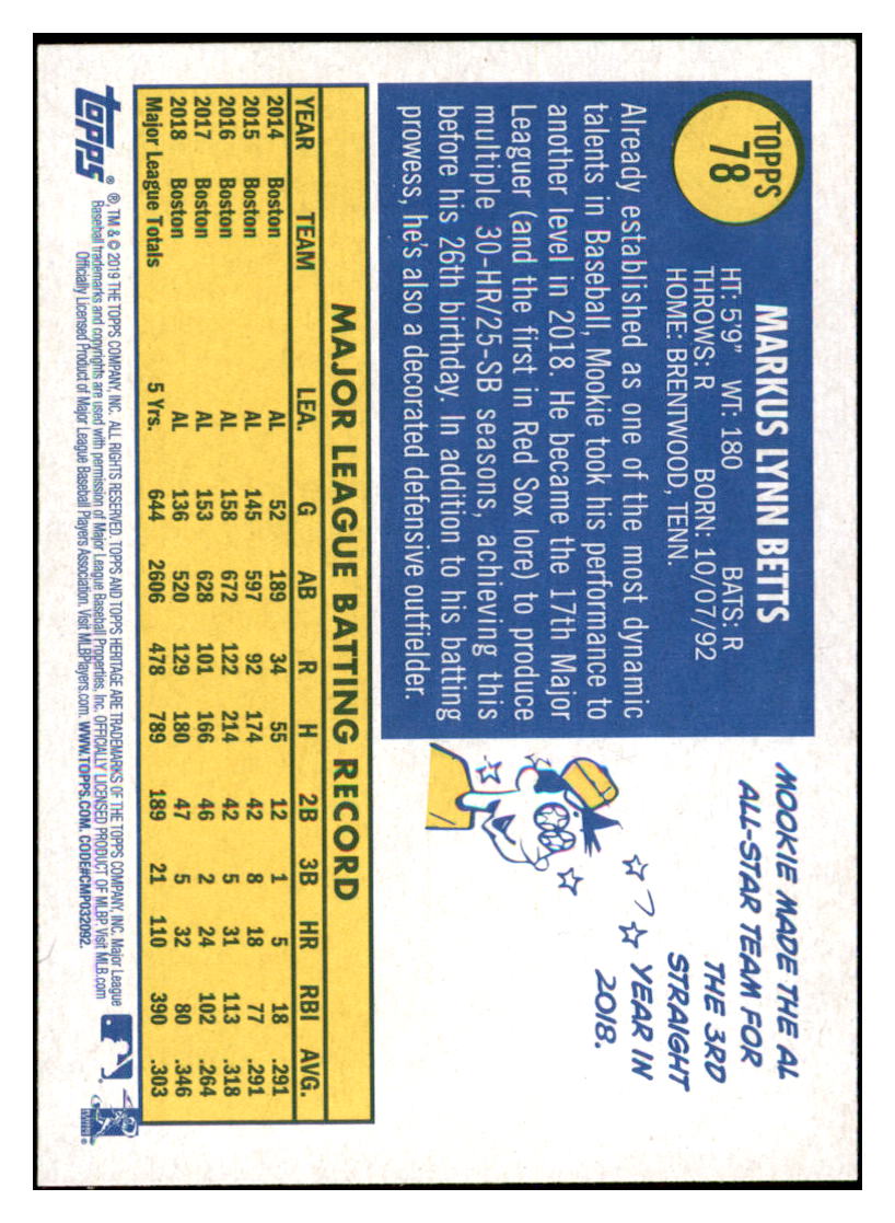 2019 Topps Heritage Mookie Betts    Boston Red Sox #THC-78 Baseball card   TMH1C simple Xclusive Collectibles