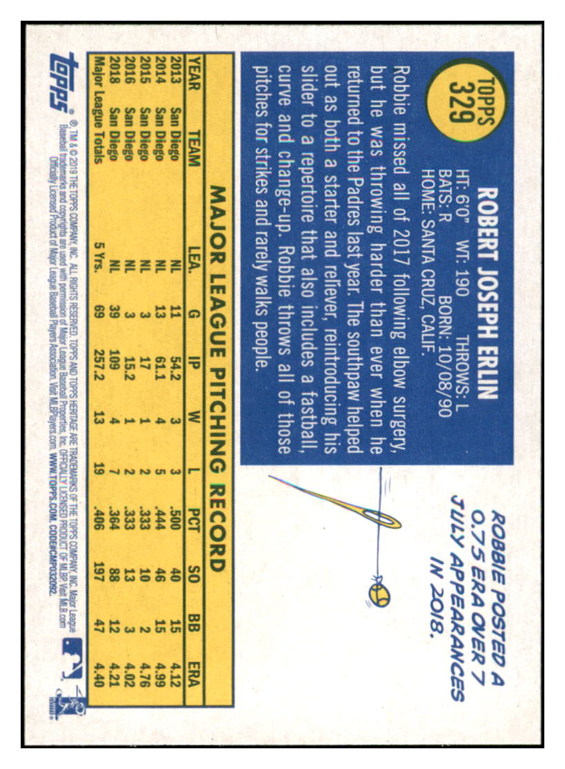 2019 Topps Heritage Robbie Erlin San Diego Padres #329 Baseball card TMH1C simple Xclusive Collectibles