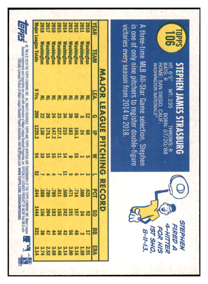 2019 Topps Heritage Stephen
  Strasburg    Washington Nationals #106
  Baseball card   TMH1C simple Xclusive Collectibles   