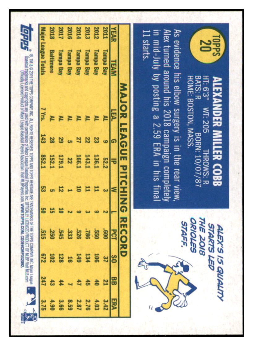 2019 Topps Heritage Alex Cobb    Baltimore Orioles #20 Baseball card   TMH1C simple Xclusive Collectibles