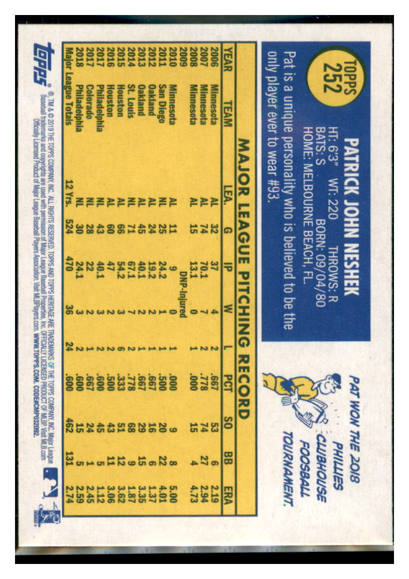 2019 Topps Heritage Pat Neshek    Philadelphia Phillies #252 Baseball
  card   TMH1C_1a simple Xclusive Collectibles