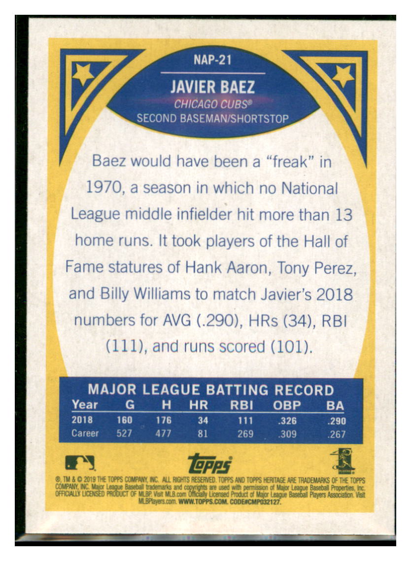 2019 Topps Heritage Javier Baez Chicago Cubs #NAP-21 Baseball card TMH1C simple Xclusive Collectibles