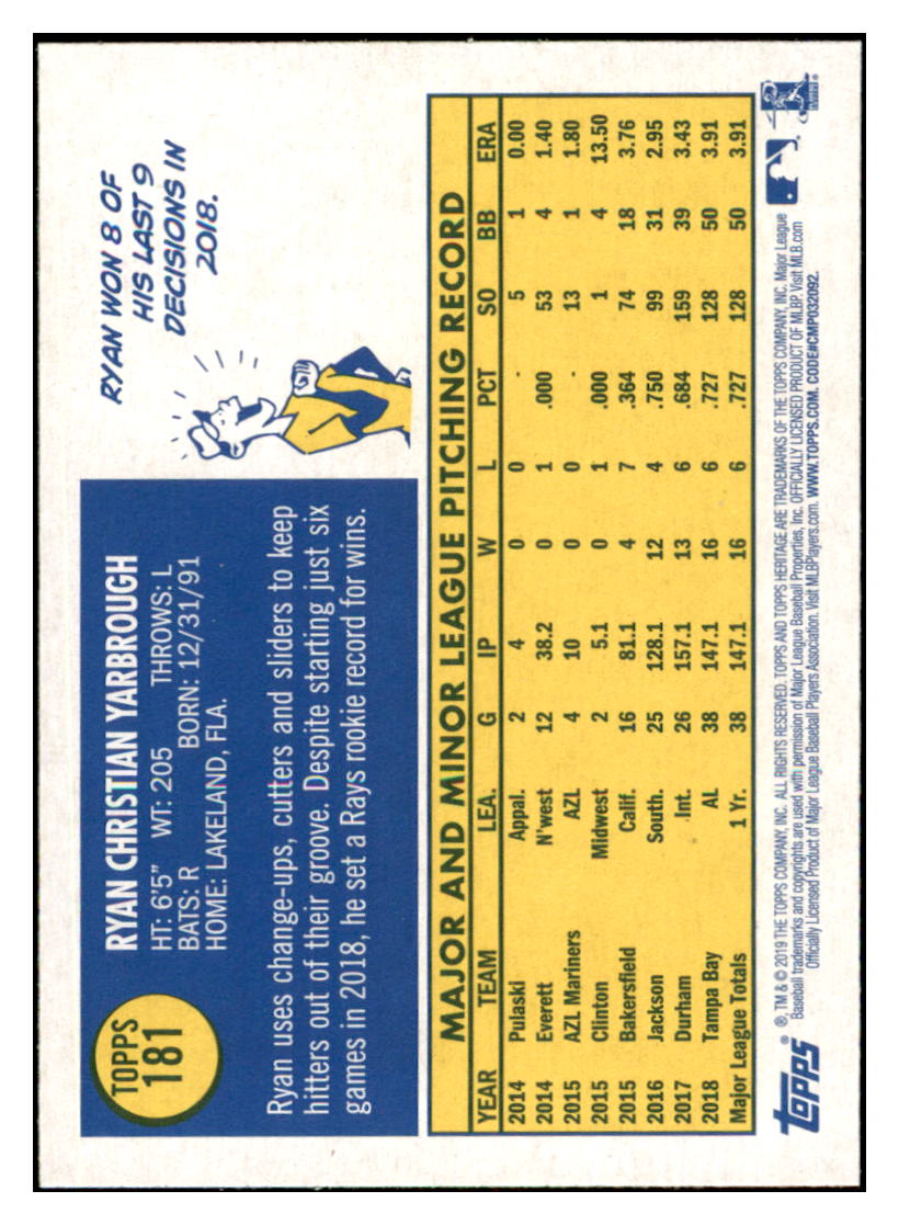 2019 Topps Heritage Ryan Yarbrough Tampa Bay Rays #181 Baseball card TMH1C_1a simple Xclusive Collectibles