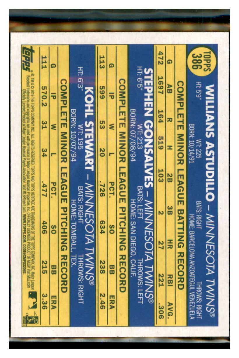 2019 Topps Heritage Kohl Stewart /
Willians Astudillo / Stephen Gonsalves CPC, RC, RS Minnesota Twins #386 Baseball card TMH1C simple Xclusive Collectibles
