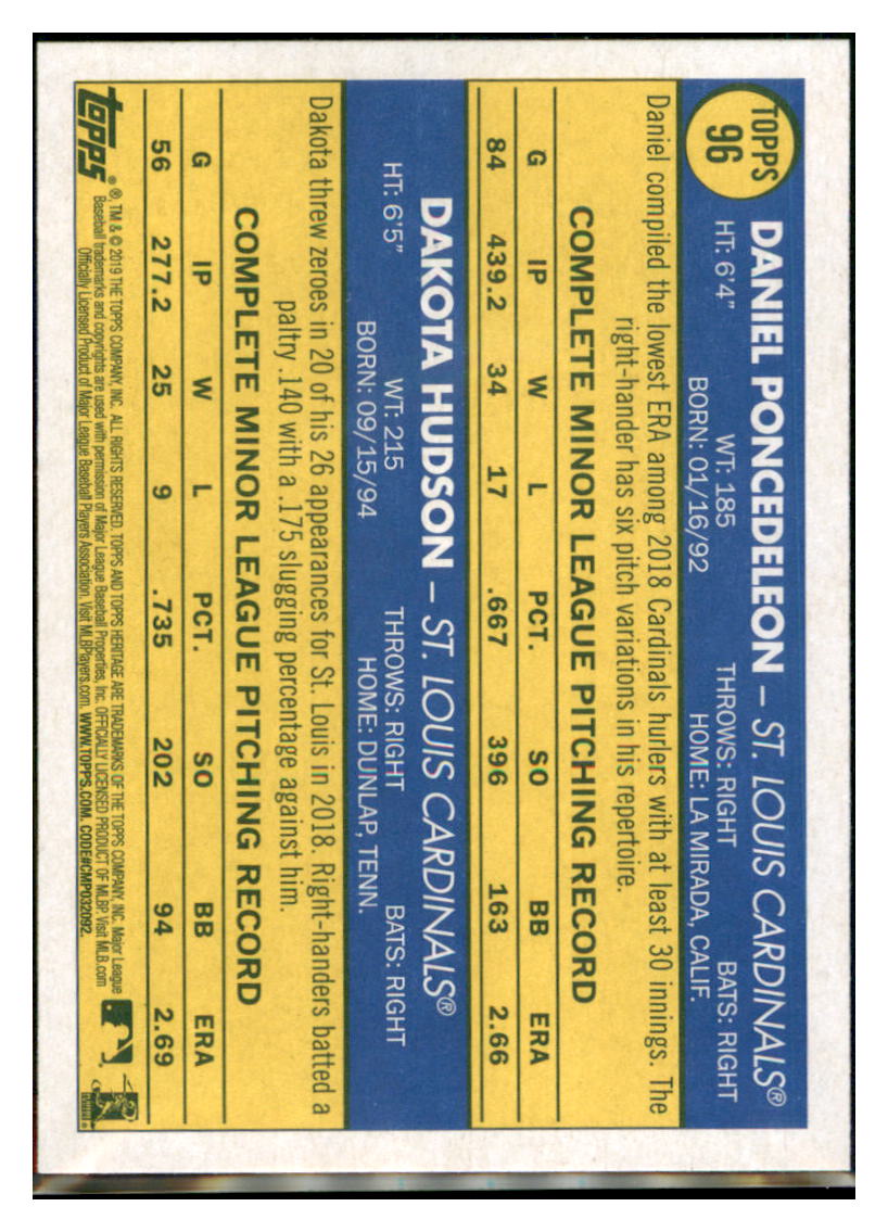 2019 Topps Heritage Dakota Hudson /
  Daniel Poncedeleon CPC, RC, RS    St.
  Louis Cardinals #96 Baseball card  
  TMH1C_1a simple Xclusive Collectibles