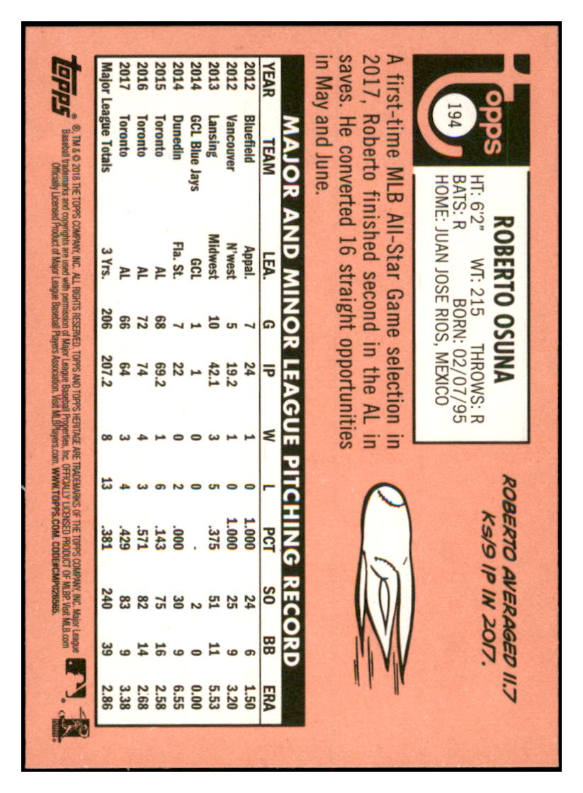 2018 Topps Heritage Roberto Osuna Toronto Blue Jays #194 Baseball card TMH1B simple Xclusive Collectibles