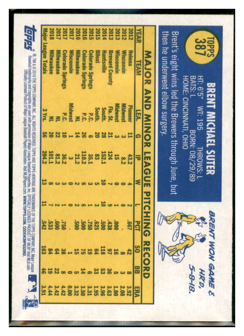 2019 Topps Heritage Brent Suter    Milwaukee Brewers #387 Baseball card    TMH1B simple Xclusive Collectibles