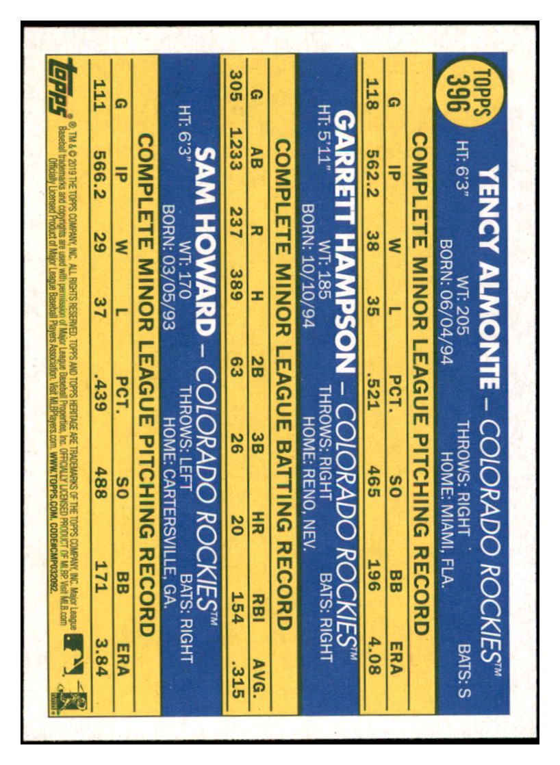 2019 Topps Heritage Garrett Hampson / Sam
Howard / Yency Almonte CPC, RC, RS
Colorado Rockies #396 Baseball card
TMH1B simple Xclusive Collectibles