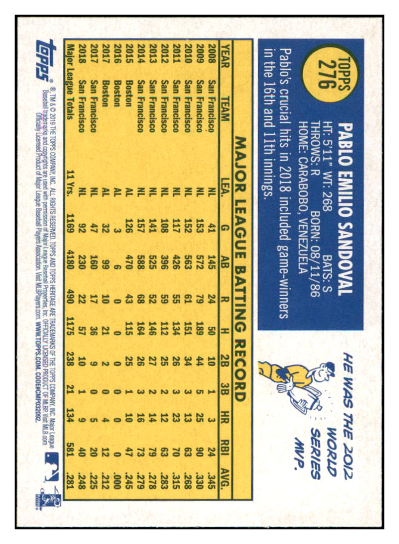 2019 Topps Heritage Pablo Sandoval San Francisco Giants #276 Baseball
card TMH1B simple Xclusive Collectibles