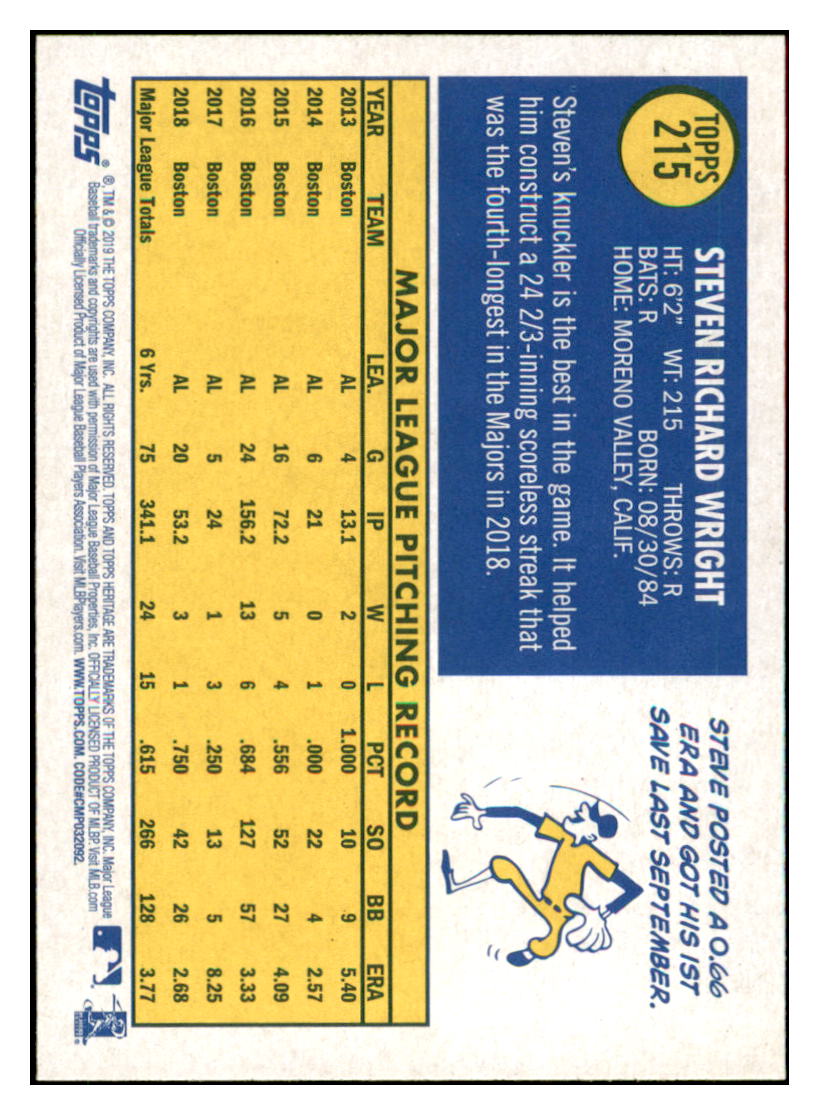 2019 Topps Heritage Steven Wright Boston Red Sox #215 Baseball card TMH1B simple Xclusive Collectibles