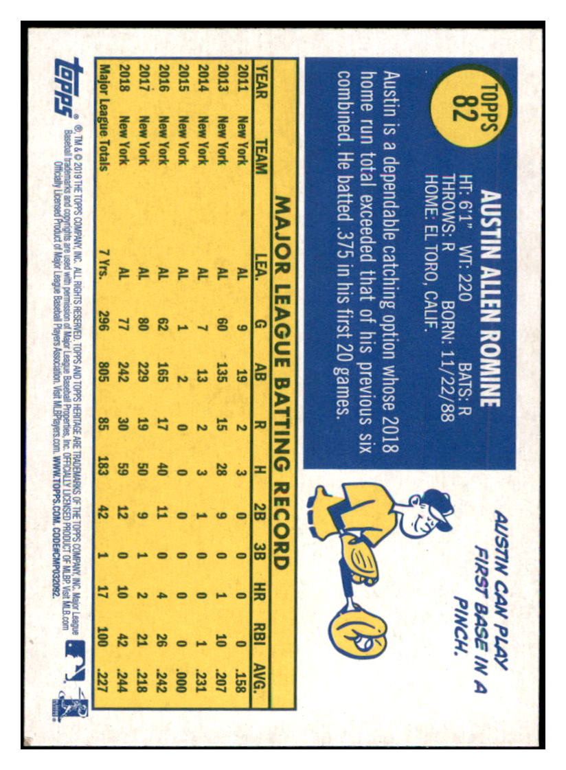 2019 Topps Heritage Austin Romine    New York Yankees #82 Baseball card    TMH1B simple Xclusive Collectibles