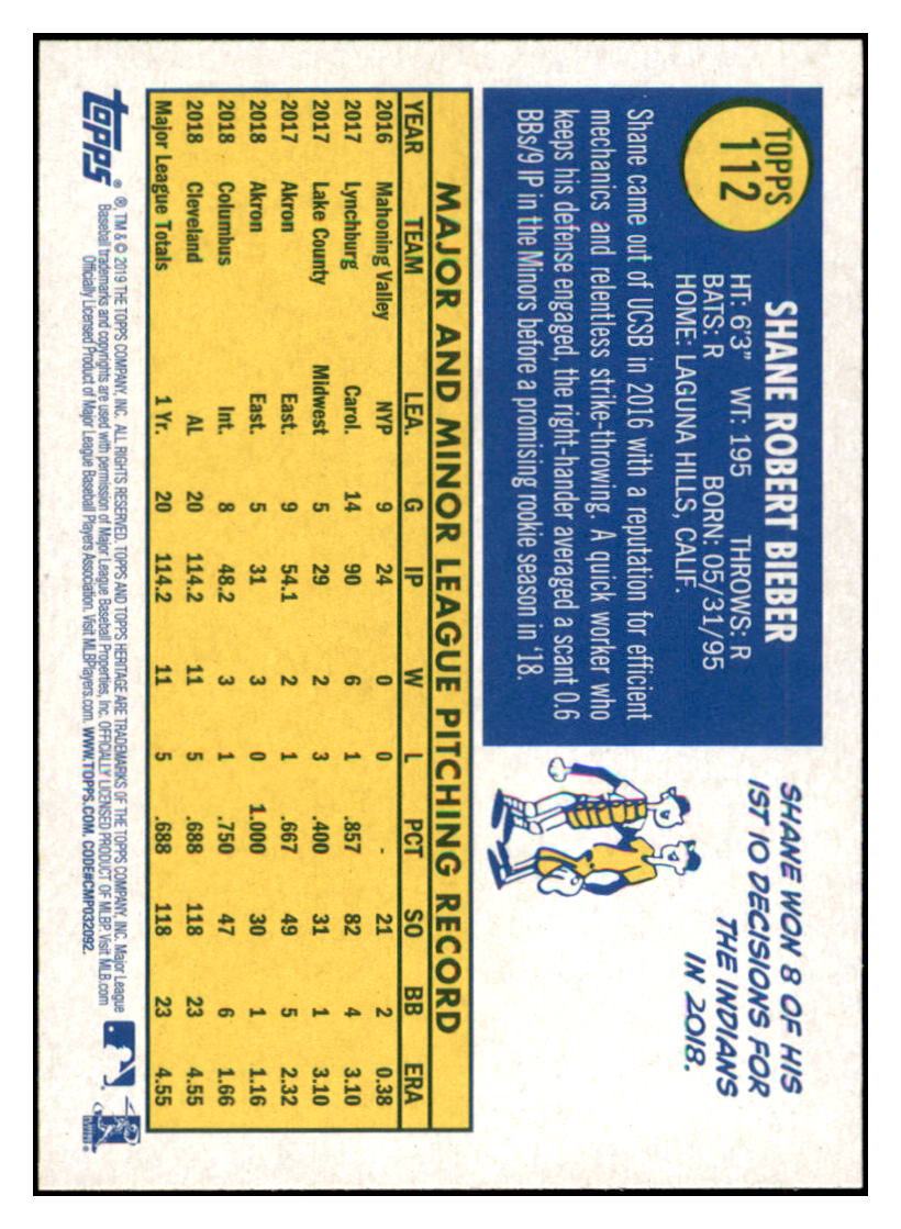 2019 Topps Heritage Shane Bieber Cleveland Indians #112 Baseball card TMH1B simple Xclusive Collectibles
