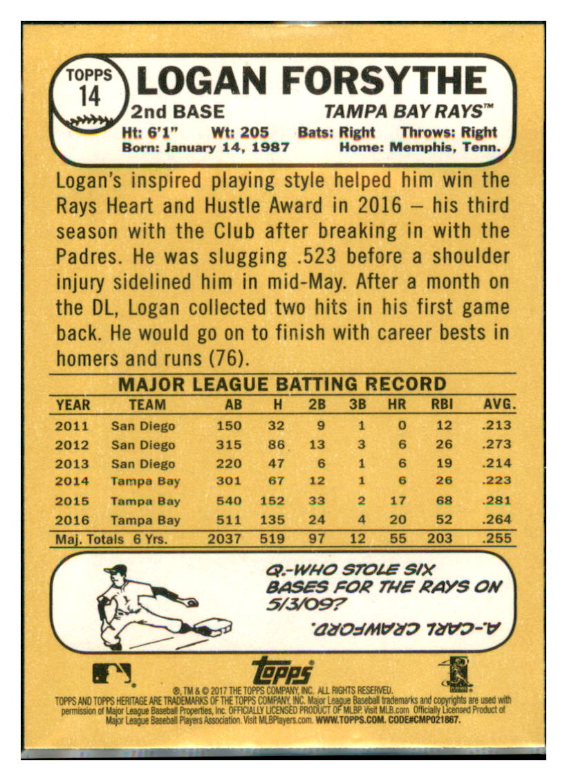 2017 Topps Heritage Logan Forsythe Tampa Bay Rays #14 Baseball card TMH1B simple Xclusive Collectibles