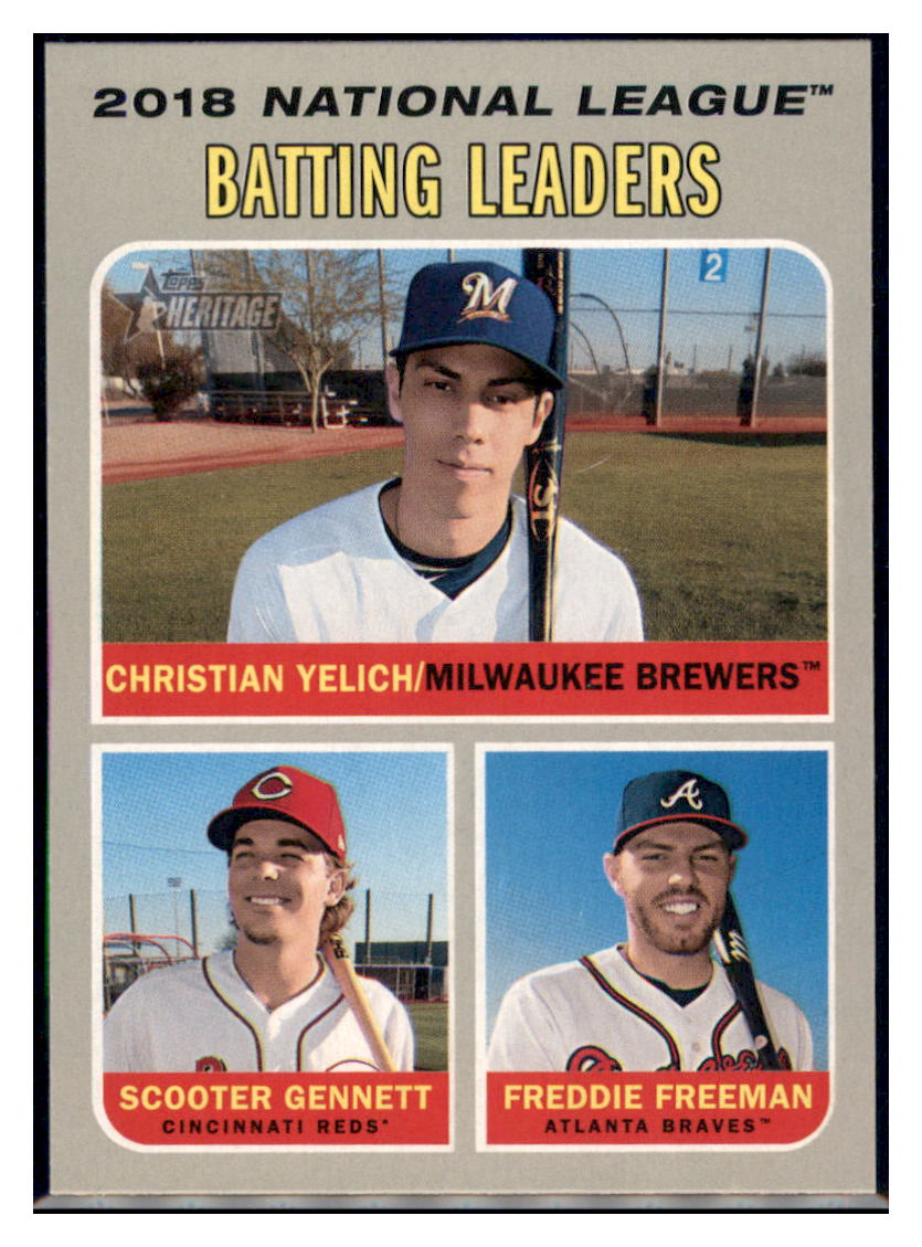 2019 Topps Heritage Christian Yelich /
Freddie Freeman / Scooter Gennett CPC, LL
Milwaukee Brewers / Atlanta Braves / Cincinnati Reds #61 Baseball
card TMH1B simple Xclusive Collectibles