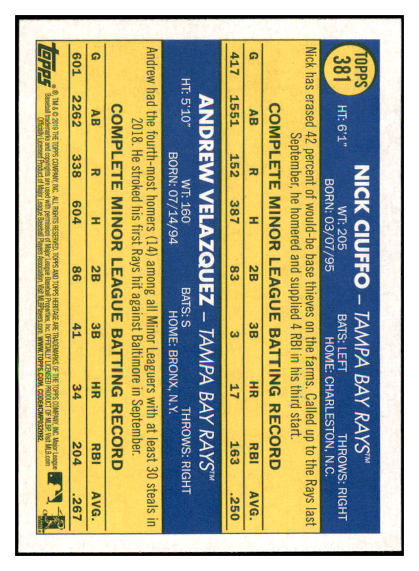 2019 Topps Heritage Andrew Velazquez /
Nick Ciuffo RC, RS Tampa Bay Rays
#381 Baseball card TMH1B simple Xclusive Collectibles