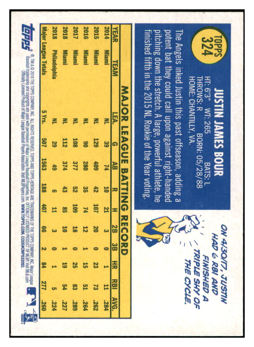 2019 Topps Heritage Justin Bour Los Angeles Angels #324 Baseball
card TMH1B simple Xclusive Collectibles