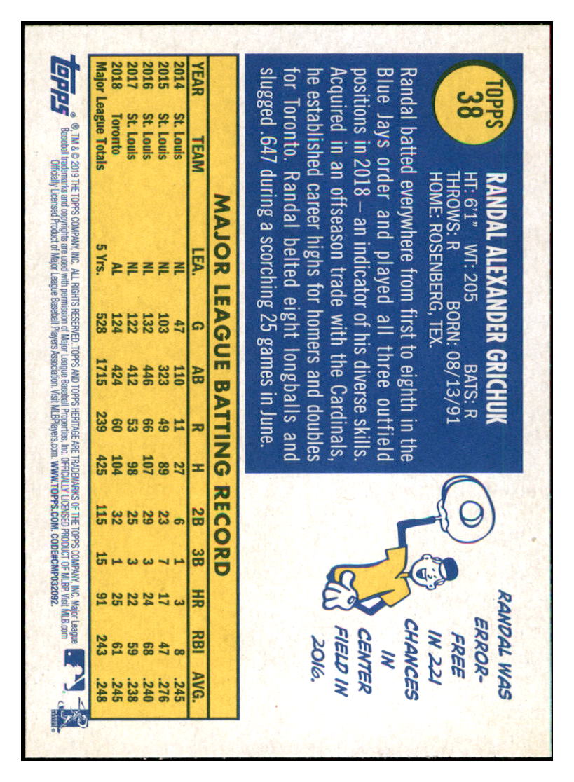 2019 Topps Heritage Randal Grichuk Toronto Blue Jays #38 Baseball card TMH1B simple Xclusive Collectibles