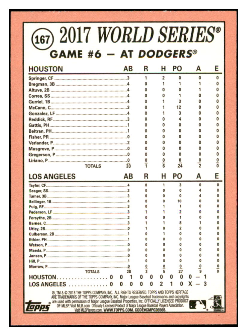 2018 Topps Heritage Pederson and Dodgers
  Tie Series (Joc Pederson) WS    Los
  Angeles Dodgers #167 Baseball card PSA  
  TMH1B simple Xclusive Collectibles