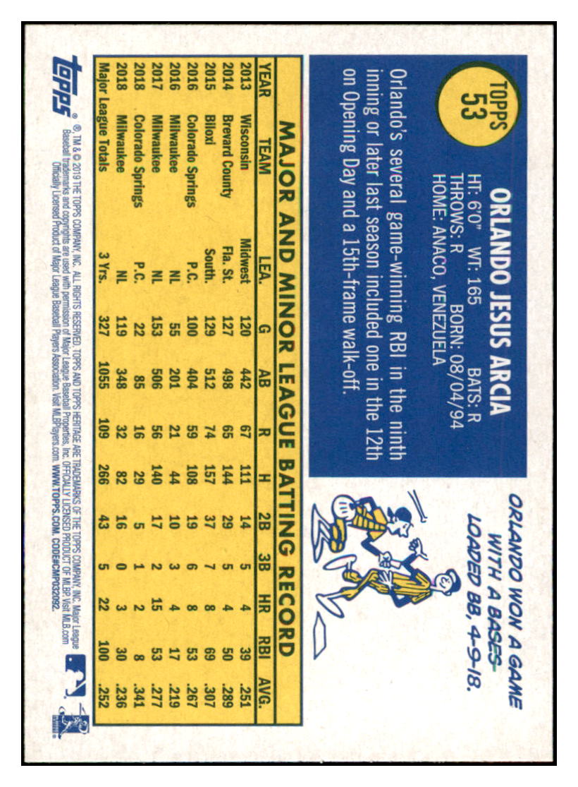 2019 Topps Heritage Orlando Arcia    Milwaukee Brewers #53 Baseball card    TMH1B simple Xclusive Collectibles   