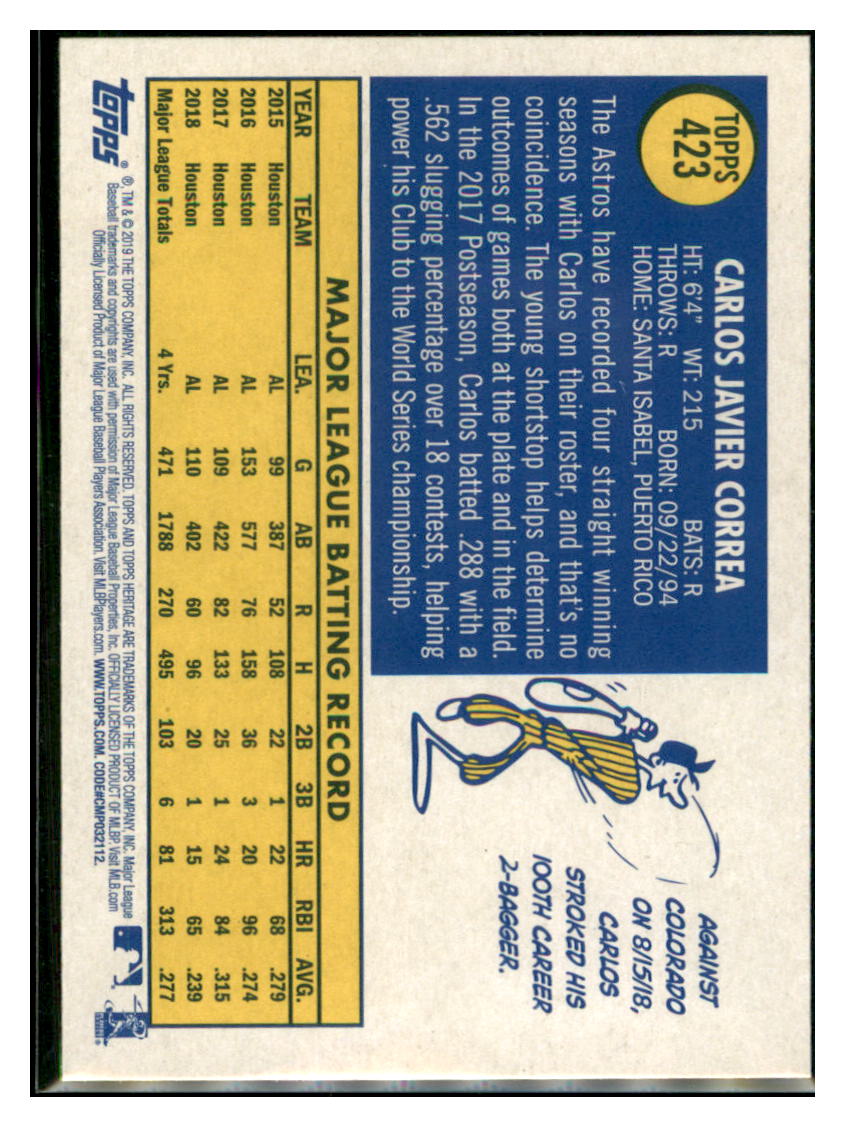 2019 Topps Heritage Carlos Correa    Houston Astros #423 Baseball card    TMH1B simple Xclusive Collectibles