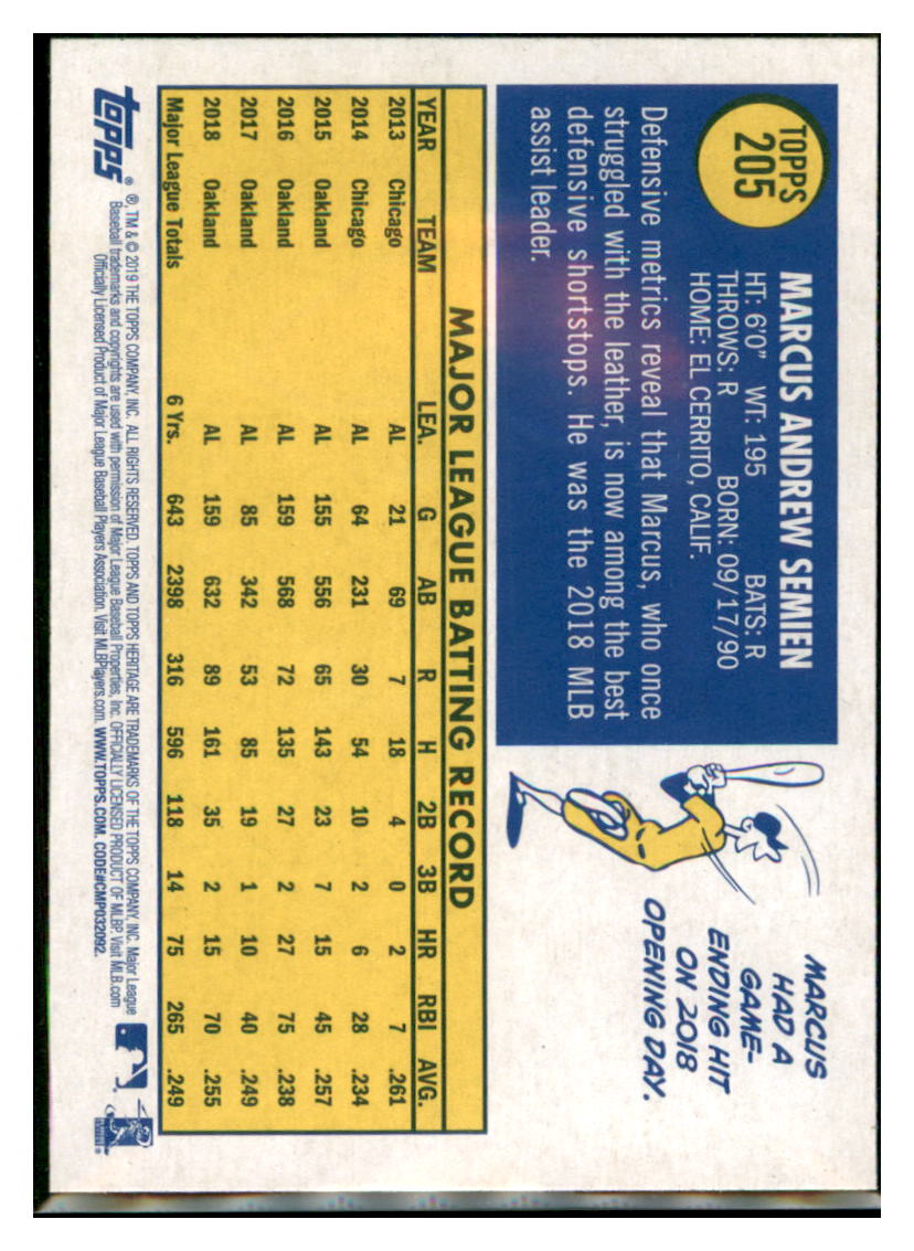 2019 Topps Heritage Marcus Semien Oakland Athletics #205 Baseball card TMH1B simple Xclusive Collectibles