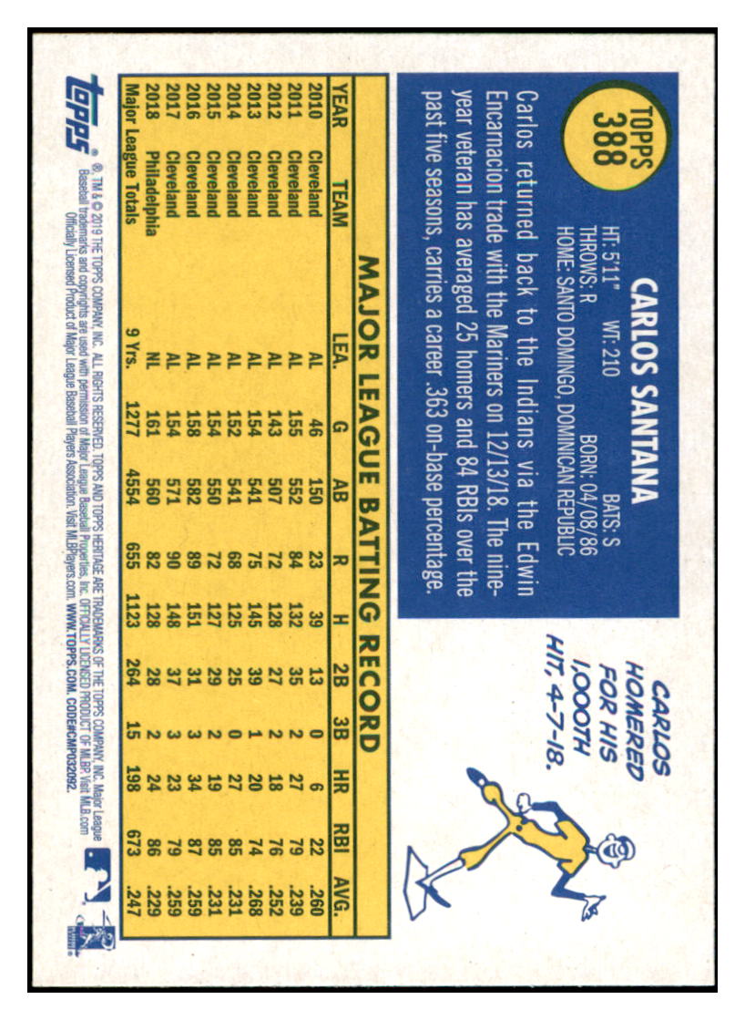 2019 Topps Heritage Carlos Santana Cleveland Indians #388 Baseball card TMH1B_1a simple Xclusive Collectibles