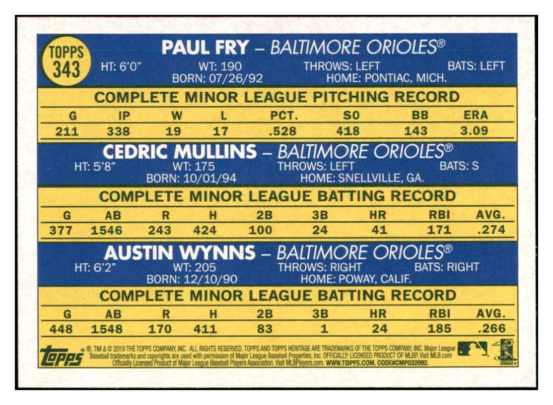 2019 Topps Heritage Cedric Mullins / Paul
  Fry / Austin Wynns CPC, RC, RS   
  Baltimore Orioles #343 Baseball card   
  TMH1B simple Xclusive Collectibles