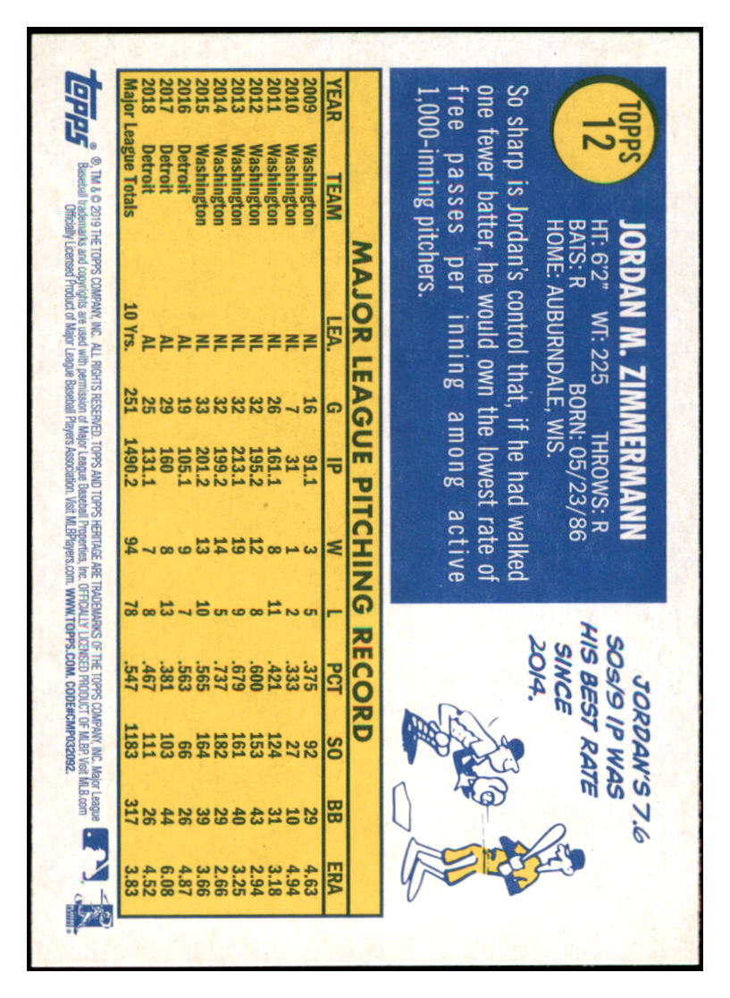 2019 Topps Heritage Jordan
Zimmermann Detroit Tigers #12
Baseball card TMH1B_1b simple Xclusive Collectibles