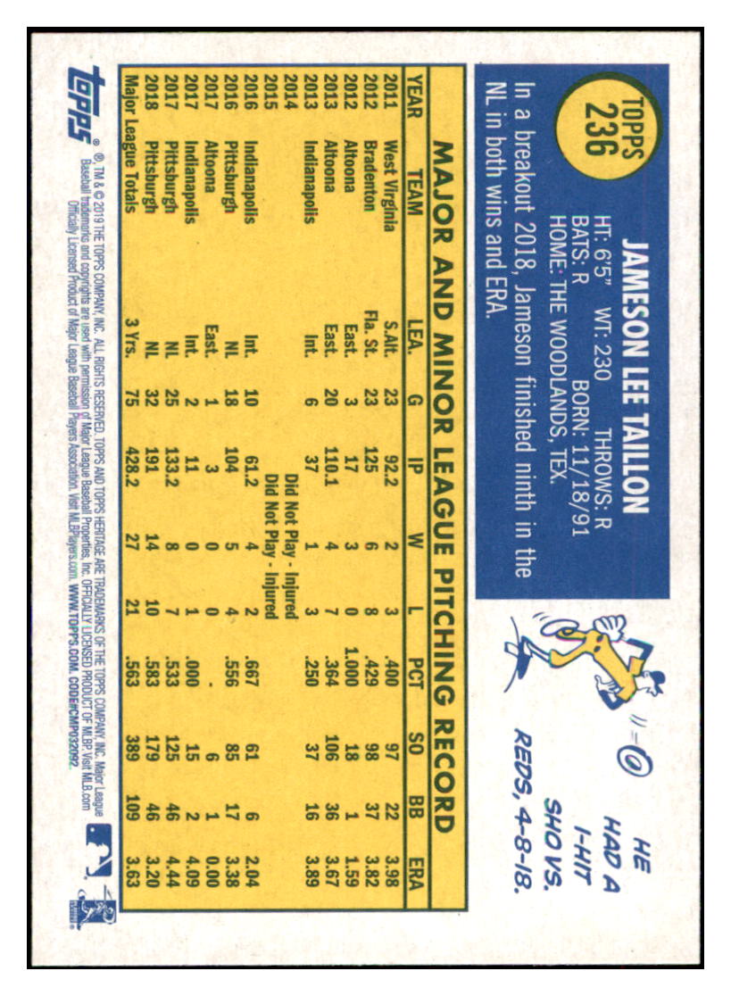 2019 Topps Heritage Jameson Taillon    Pittsburgh Pirates #236 Baseball
  card    TMH1B simple Xclusive Collectibles