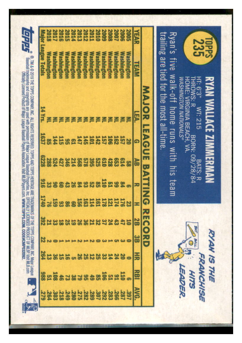 2019 Topps Heritage Ryan Zimmerman Washington Nationals #235 Baseball
card TMH1B simple Xclusive Collectibles