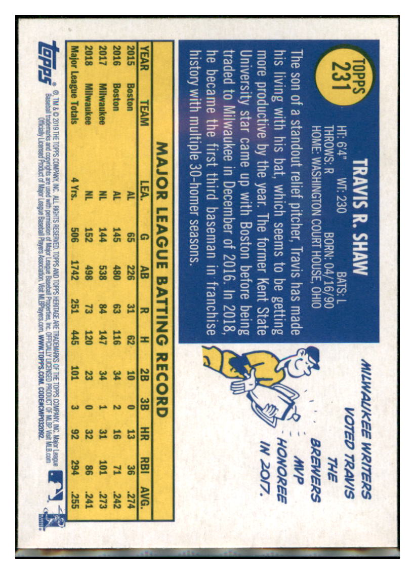 2019 Topps Heritage Travis Shaw Milwaukee Brewers #231 Baseball card TMH1B simple Xclusive Collectibles
