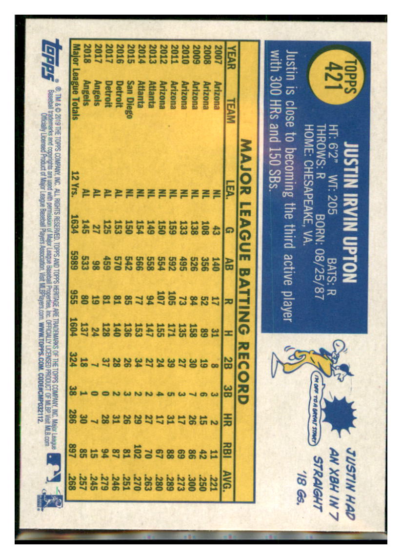 2019 Topps Heritage Justin Upton Los Angeles Angels #421 Baseball
card TMH1B simple Xclusive Collectibles