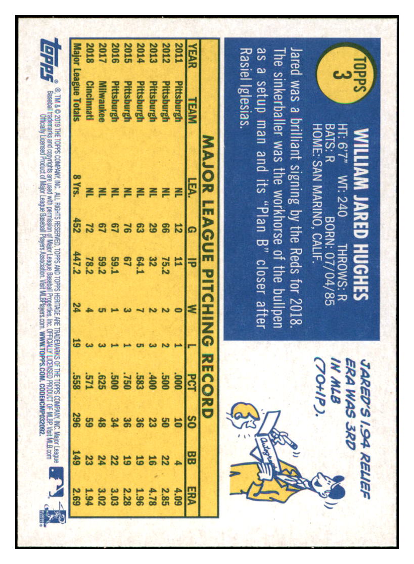 2019 Topps Heritage Jared Hughes Cincinnati Reds #3 Baseball card TMH1B simple Xclusive Collectibles