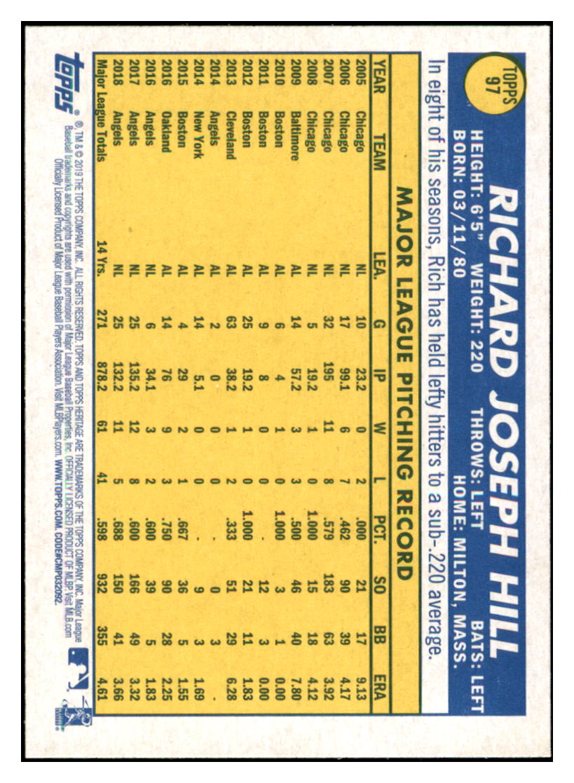 2019 Topps Heritage Rich Hill Los Angeles Dodgers #97 Baseball
card TMH1B simple Xclusive Collectibles