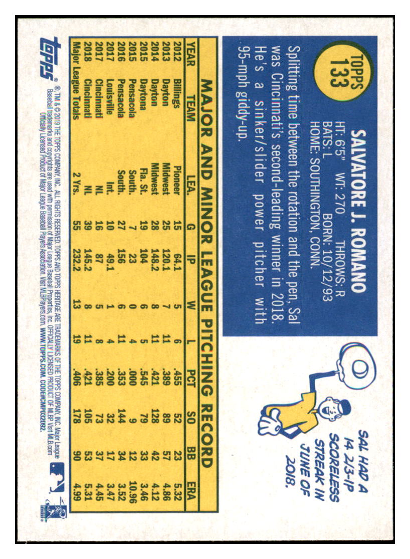 2019 Topps Heritage Sal Romano Cincinnati Reds #133 Baseball card TMH1B simple Xclusive Collectibles