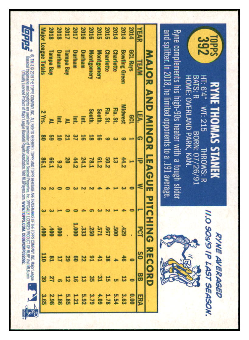 2019 Topps Heritage Ryne Stanek    Tampa Bay Rays #392 Baseball card    TMH1B simple Xclusive Collectibles