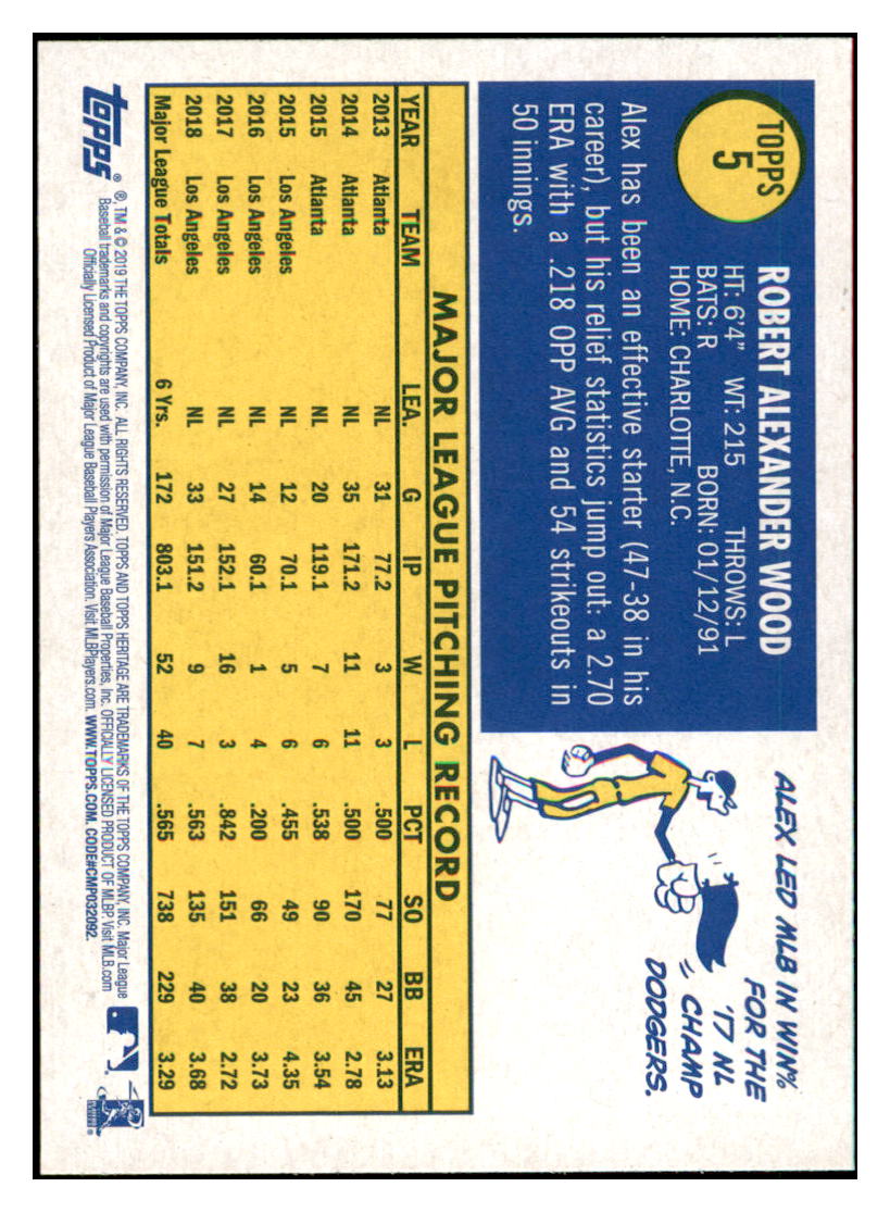 2019 Topps Heritage Alex Wood Los Angeles Dodgers #5 Baseball card TMH1B_1a simple Xclusive Collectibles