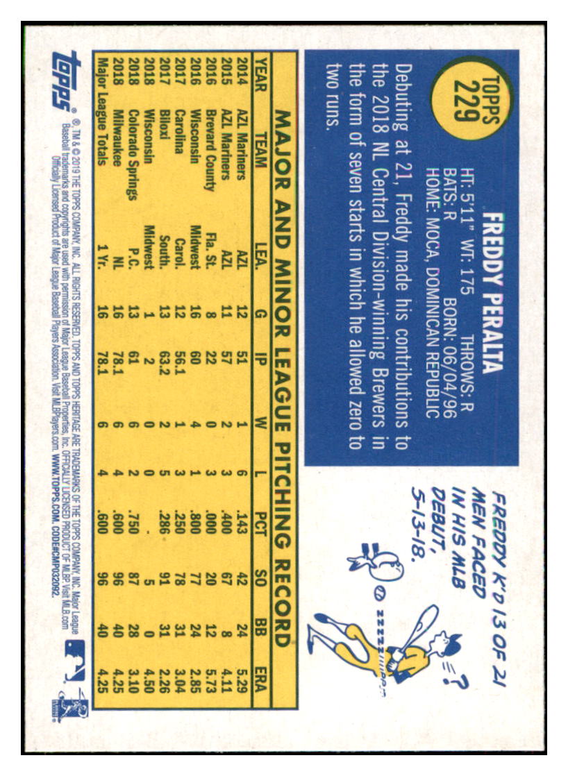 2019 Topps Heritage Freddy Peralta    Milwaukee Brewers #229 Baseball card    TMH1B simple Xclusive Collectibles