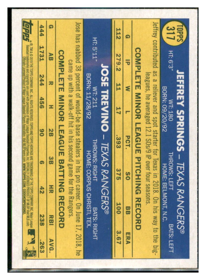 2019 Topps Heritage Jeffrey Springs /
Jose Trevino CPC, RC, RS Texas
Rangers #317 Baseball card TMH1B simple Xclusive Collectibles