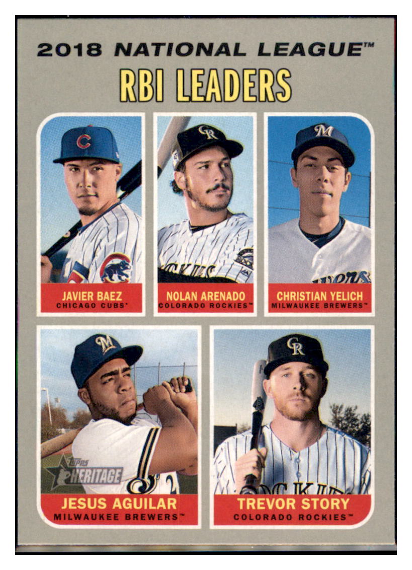 2019 Topps Heritage Javier Baez / Jesus
  Aguilar / Trevor Story / Christian Yelich / Nolan Arenado CPC, LL    Chicago Cubs / Milwaukee Brewers /
  Colorado Rockies #63 Baseball card   
  TMH1B simple Xclusive Collectibles   