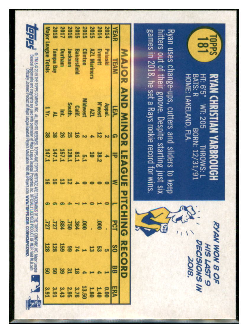 2019 Topps Heritage Ryan Yarbrough Tampa Bay Rays #181 Baseball card TMH1B simple Xclusive Collectibles