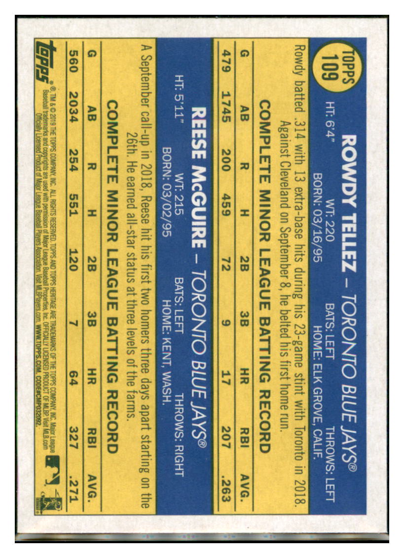 2019 Topps Heritage Rowdy Tellez / Reese
McGuire CPC, RC, RS Toronto Blue
Jays #109 Baseball card TMH1B simple Xclusive Collectibles