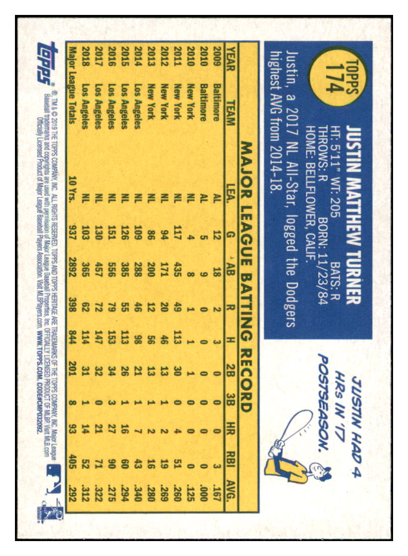 2019 Topps Heritage Justin Turner Los Angeles Dodgers #174 Baseball
card TMH1B simple Xclusive Collectibles