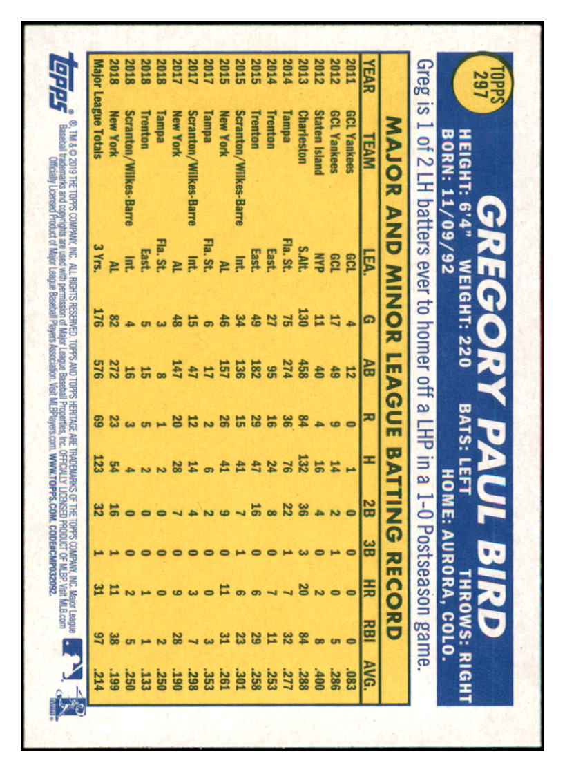 2019 Topps Heritage Greg Bird    New York Yankees #297 Baseball card    TMH1B simple Xclusive Collectibles